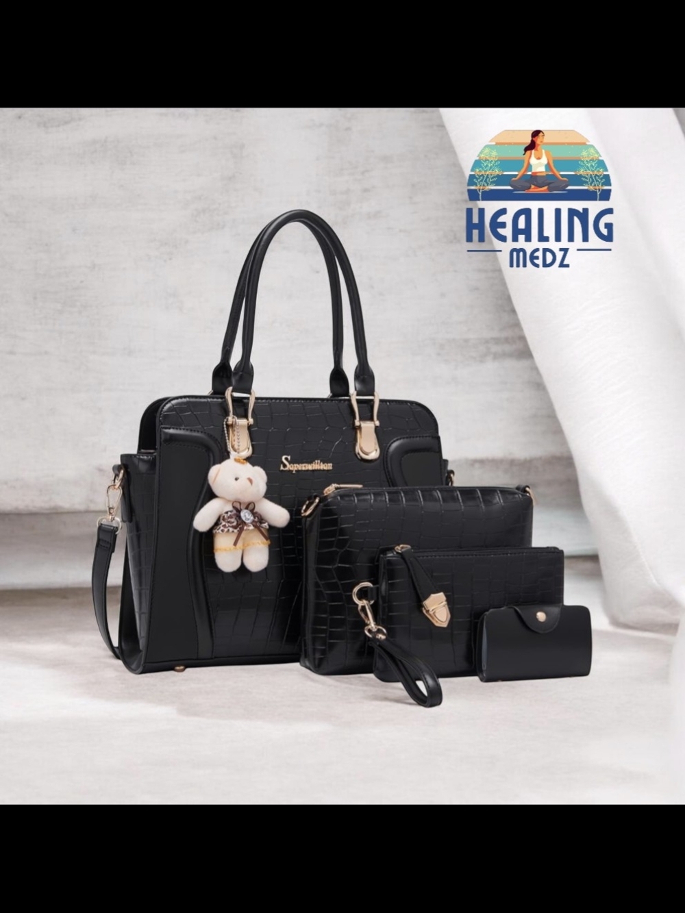 New Look Black Croc-Embossed Satchel 4-Piece Set with Teddy Charm